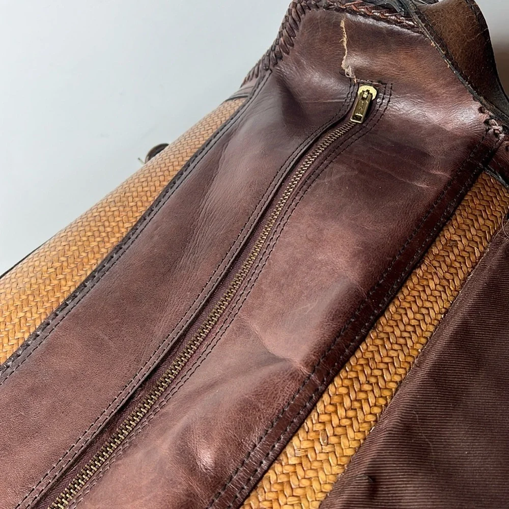 Leather Tightly Woven Wicker Extra Large Double Handle Shoulder Strap Travel Bag
